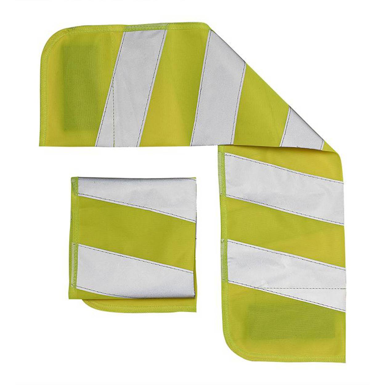 Reflektierendes gelbes Gewebeband mit silbernen Diagonalstreifen, in gerolltem und entrolltem Zustand dargestellt, verwendet für Sichtbarkeit und Sicherheit.