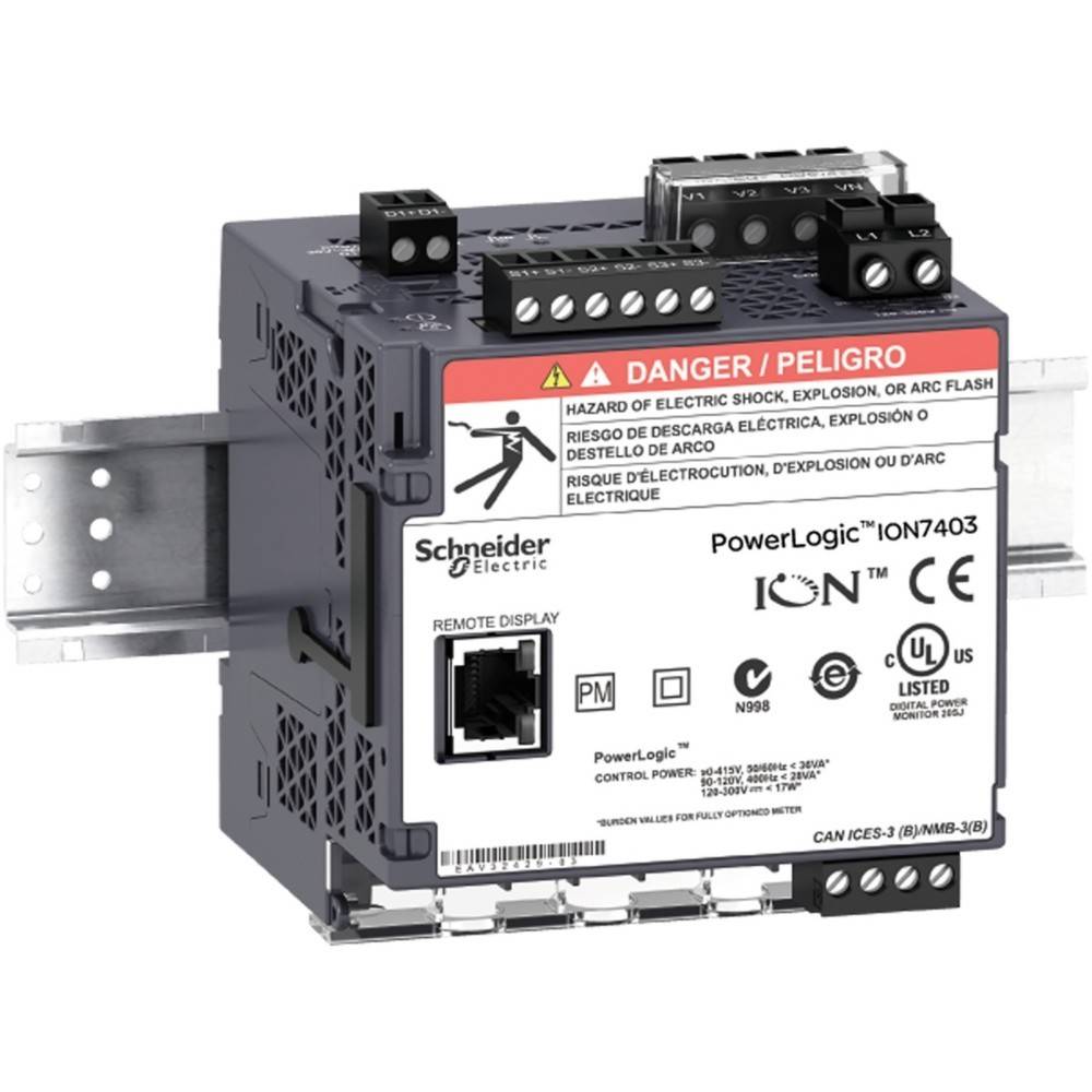 Elektrisches Gerät, das auf einer Schiene montiert ist, mit der Bezeichnung 'PowerLogic ION7403' von Schneider Electric. Warnung: 'Gefahr von elektrischem Schlag oder Lichtbogen.