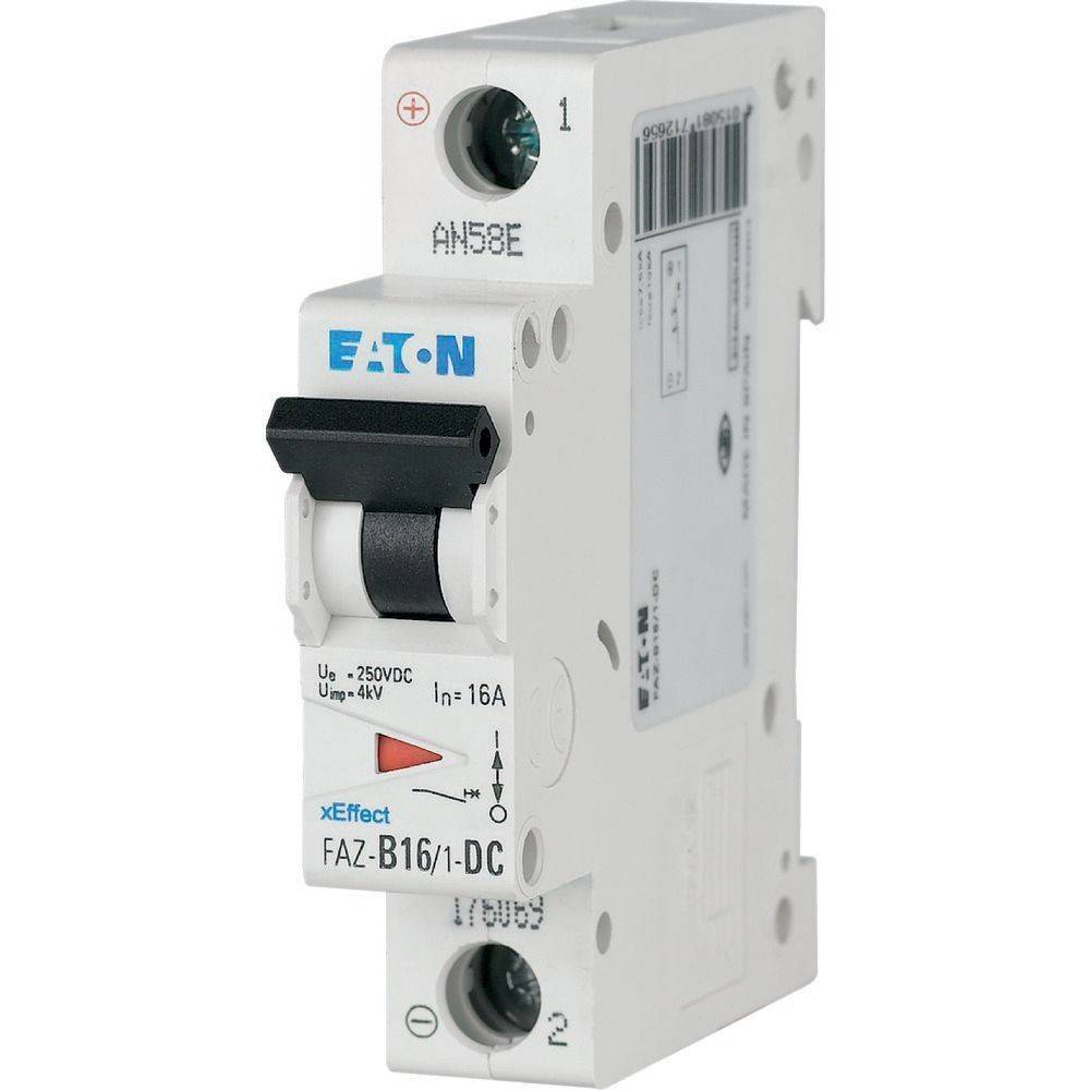 Ein weißer Leitungsschutzschalter mit der Bezeichnung 'Eaton', mit den Spezifikationen '250V DC' und '16A', Modell 'FAZ-B16/1-DC', in einem schrägen Winkel gezeigt, mit zwei Anschlussklemmen.