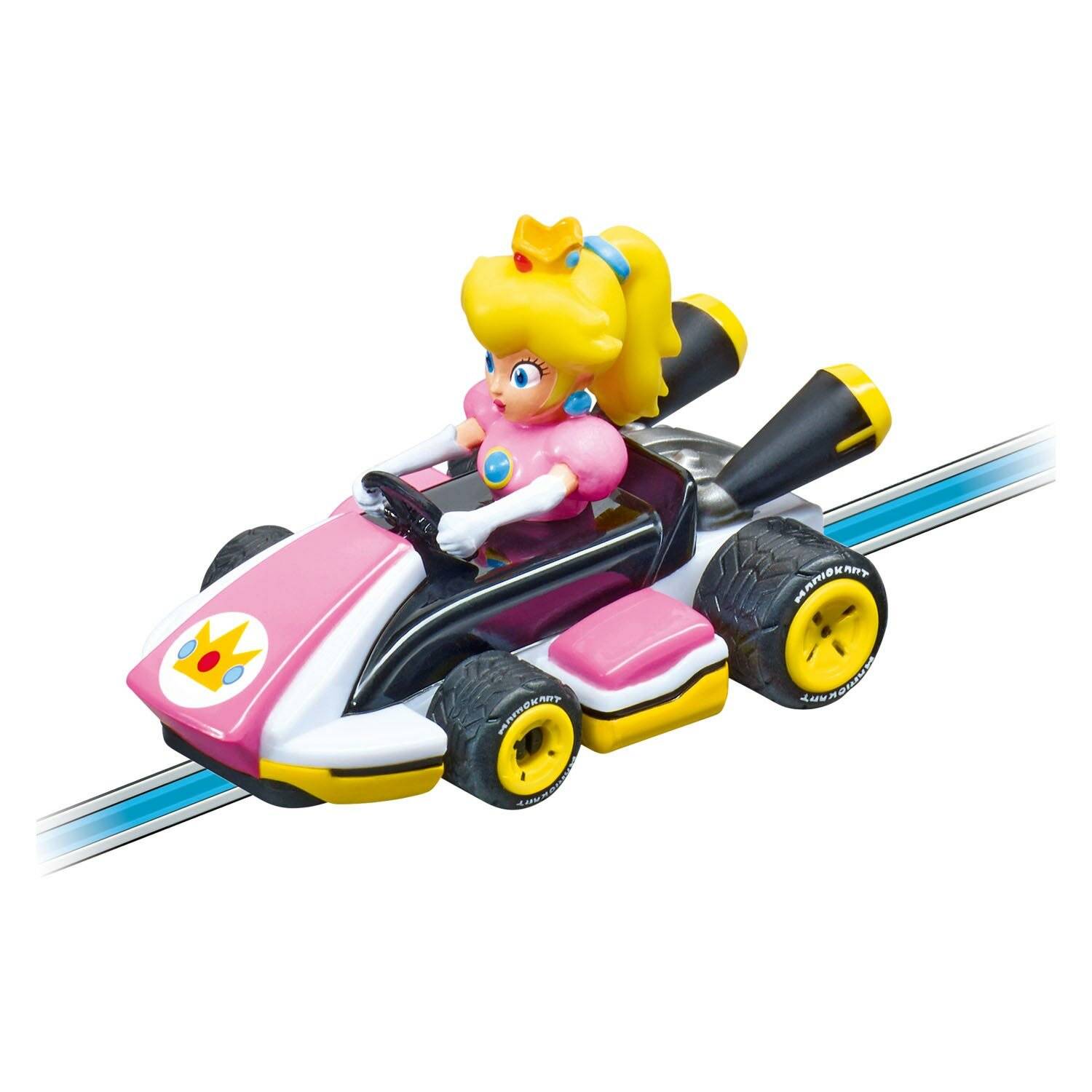 Prinzessin Peach Figur, die einen rosa-schwarzen Spielzeugkart auf einer rennstreckenähnlichen Strecke fährt.