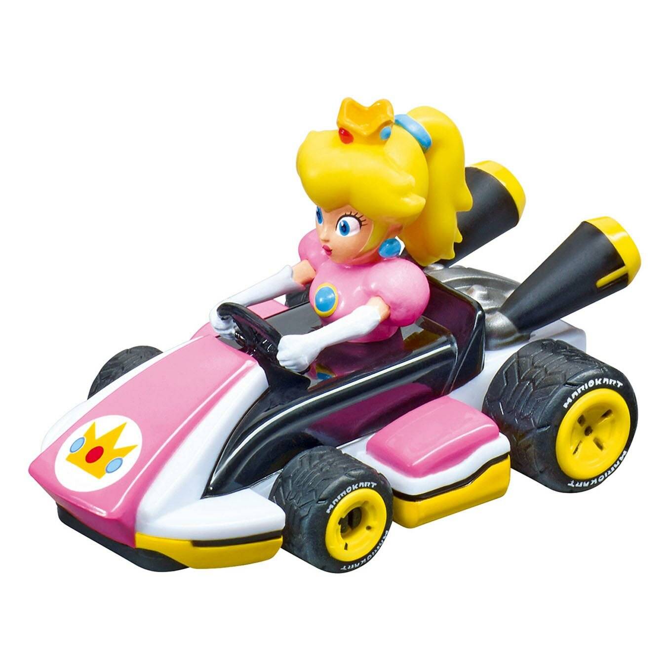 Princess Peach Figur, die einen rosa und schwarzen Spielzeugrennkart auf weißem Hintergrund fährt.