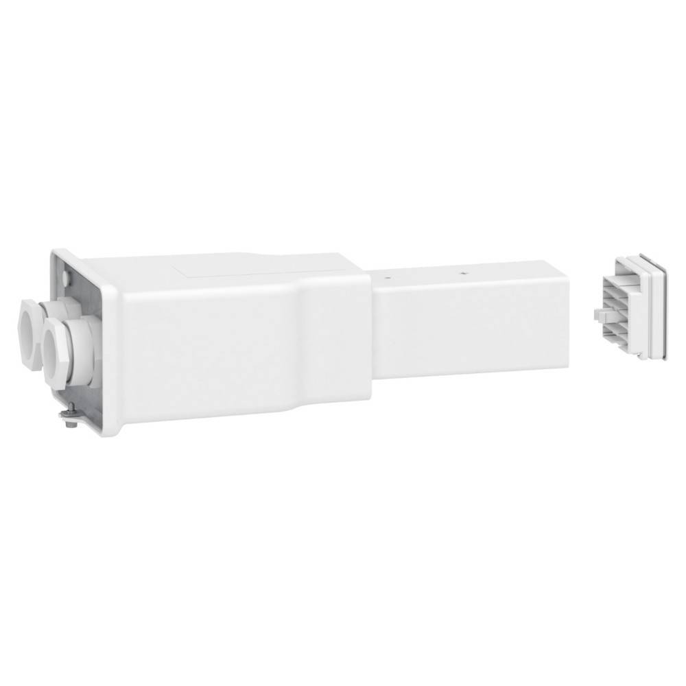 Ein weißer elektrischer Stecker mit Doppelsteckerdesign wird zerlegt dargestellt, wobei seine abnehmbaren Komponenten vor einem einfarbigen Hintergrund hervorgehoben werden.