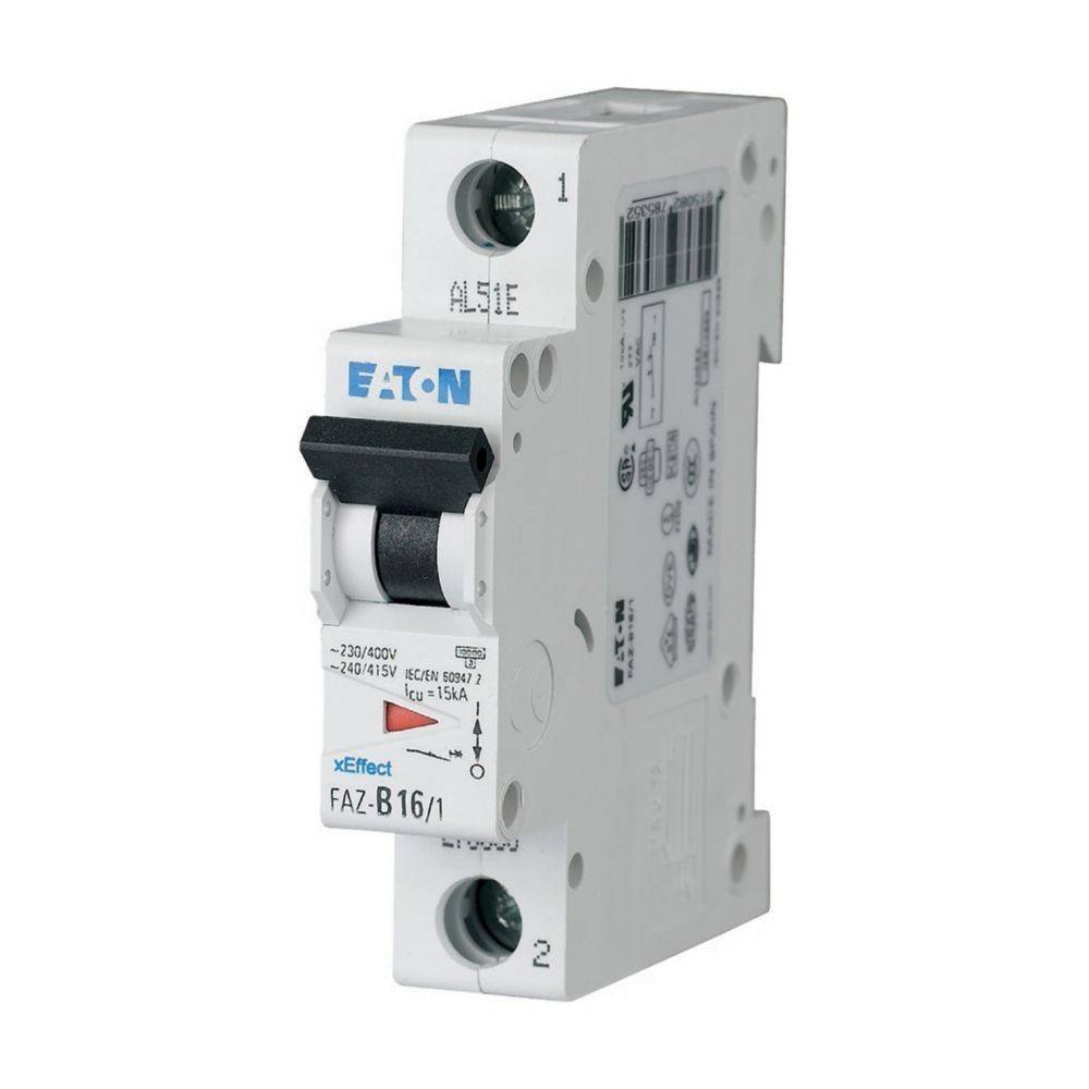Eaton FAZ-B16/1 Leitungsschutzschalter' aufrecht auf einem weißen Hintergrund. Enthält technische Daten und Markenetikett auf der Vorderseite.