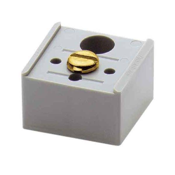 Ein weißer Elektro-Anschlussblock mit einer zentralen goldenen Schraube und mehreren Steckplätzen, der zum sicheren Verbinden von Drähten verwendet wird.