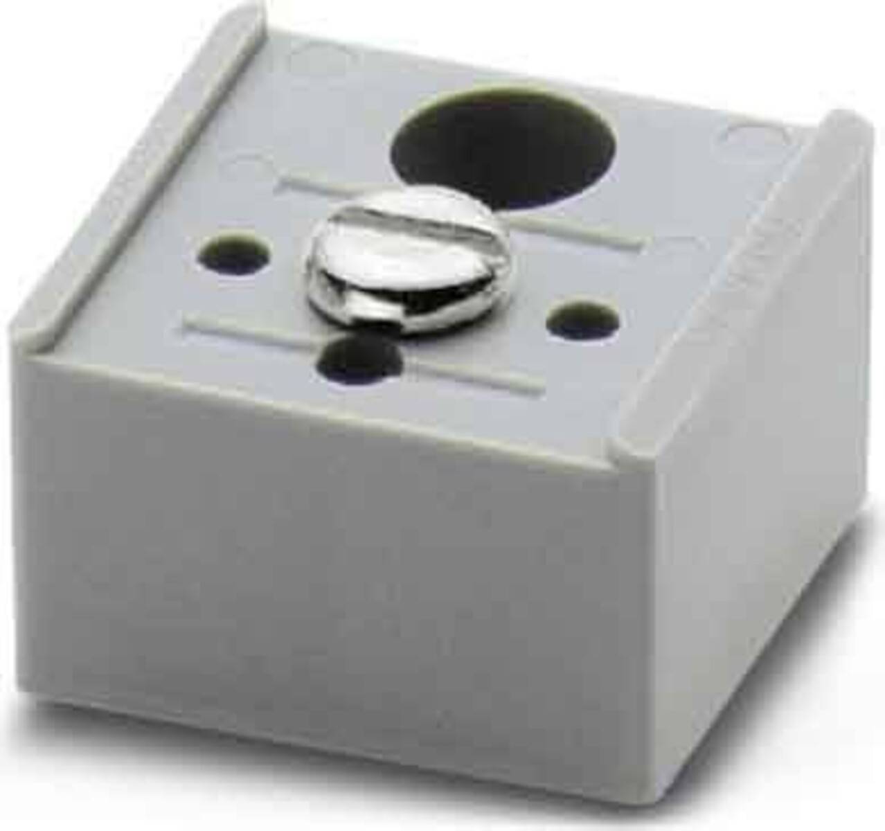 Eine kleine, quadratische, graue elektrische Komponente mit einer zentralen Schraube und einer kreisförmigen Öffnung ist zu sehen, höchstwahrscheinlich Teil eines Verbindungsterminals.