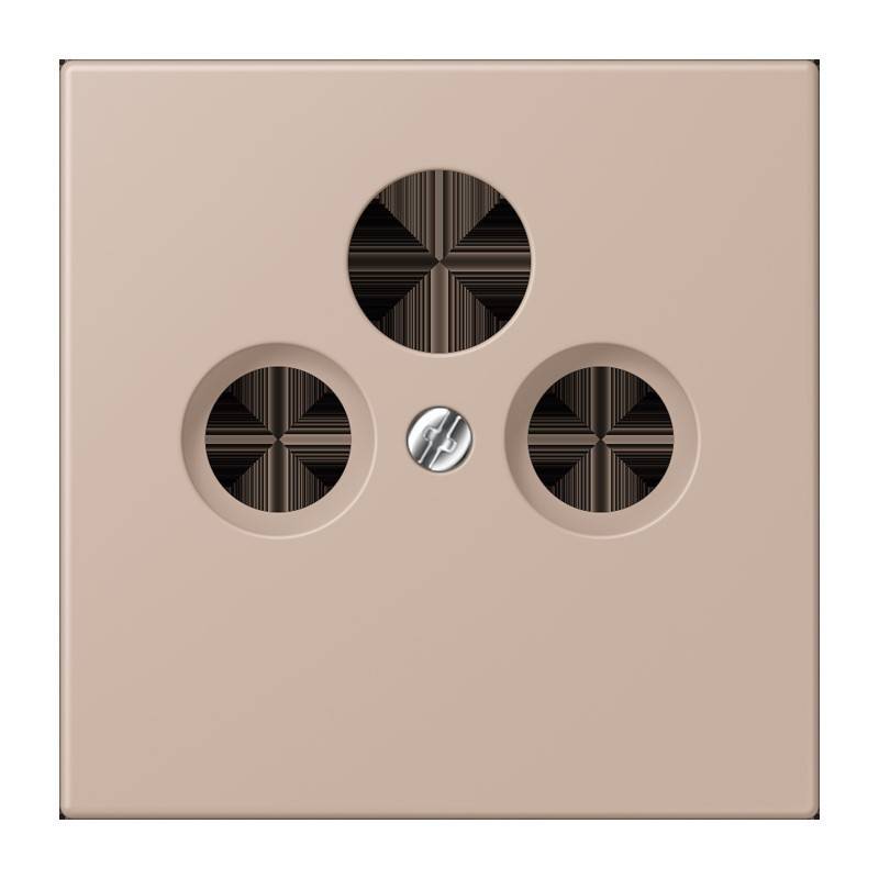 Eine beige farbene, dreilöchrige Wandsteckdose mit einer Schraube in der Mitte, die zum Anschluss von elektrischen Geräten verwendet wird.