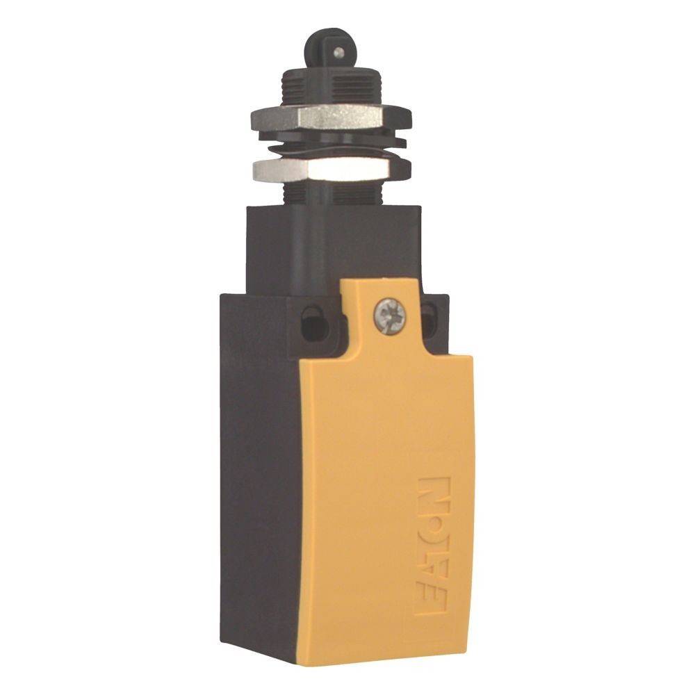 Gelber und schwarzer Grenztaster mit einem Rollenhebel oben, typischerweise in industriellen Maschinen zur Steuerung von Maschinenabläufen verwendet.