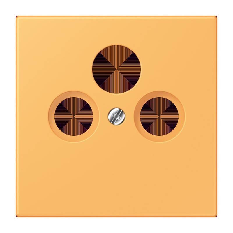 Eine quadratische, orangefarbene Wandsteckdose mit drei runden Steckdosen, die in einer dreieckigen Anordnung platziert sind und eine zentrale Befestigungsschraube aufweist.