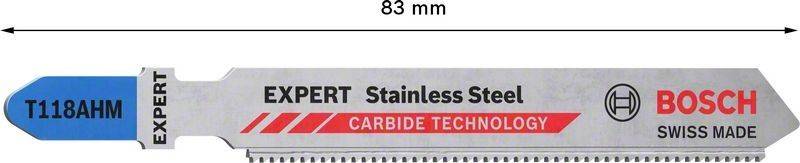 Edelstahl HARTMETALL-TECHNOLOGIE auf einem grauen und roten Hintergrund mit Maßangabe '83 mm' oben.