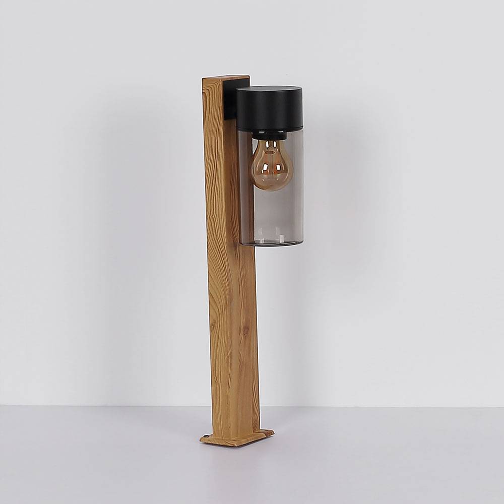 Außenlampe Wegeleuchte Stehlampe, Moderne Stehleuchte, Landhaus, Holzoptik, Rauchglas, Edelstahl, schwarz, matt, 1x E27 Fassung, LxBxH 14,5x9x50 cm