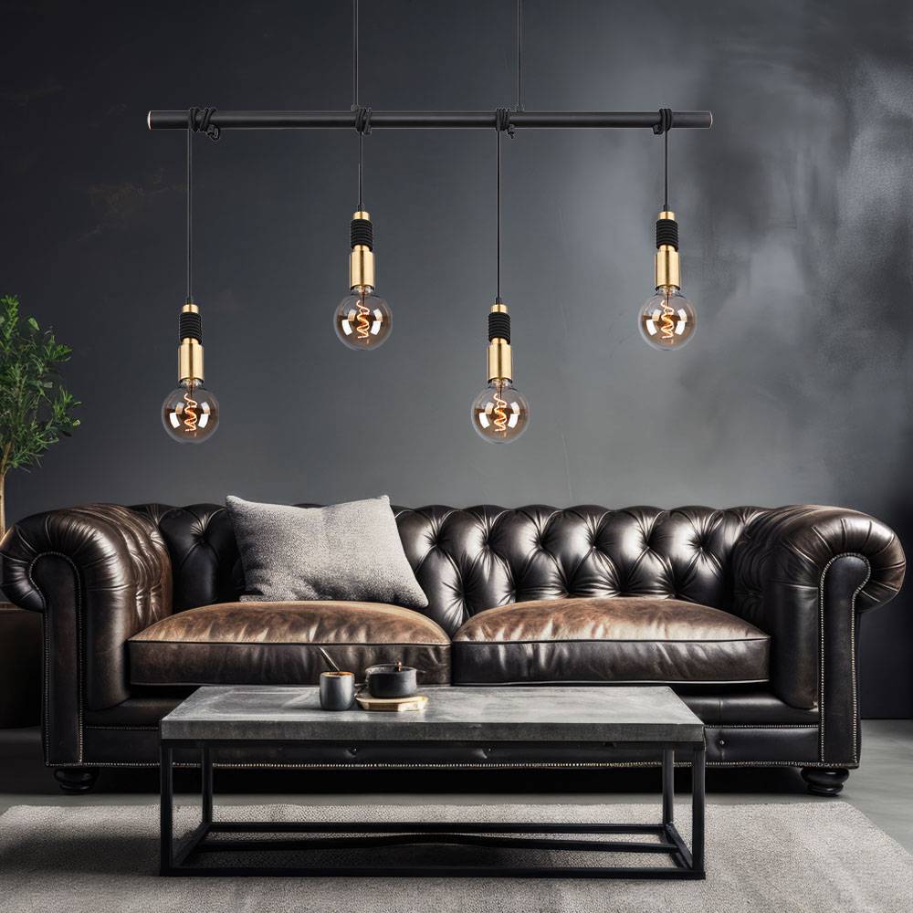 Esszimmerleuchte hängend Hängelampe messing schwarz Pendelleuchte 4 Flammig, Höhenverstellbar durch aufwickeln, 4x E27 Fassungen, LxBxH 100x6x120