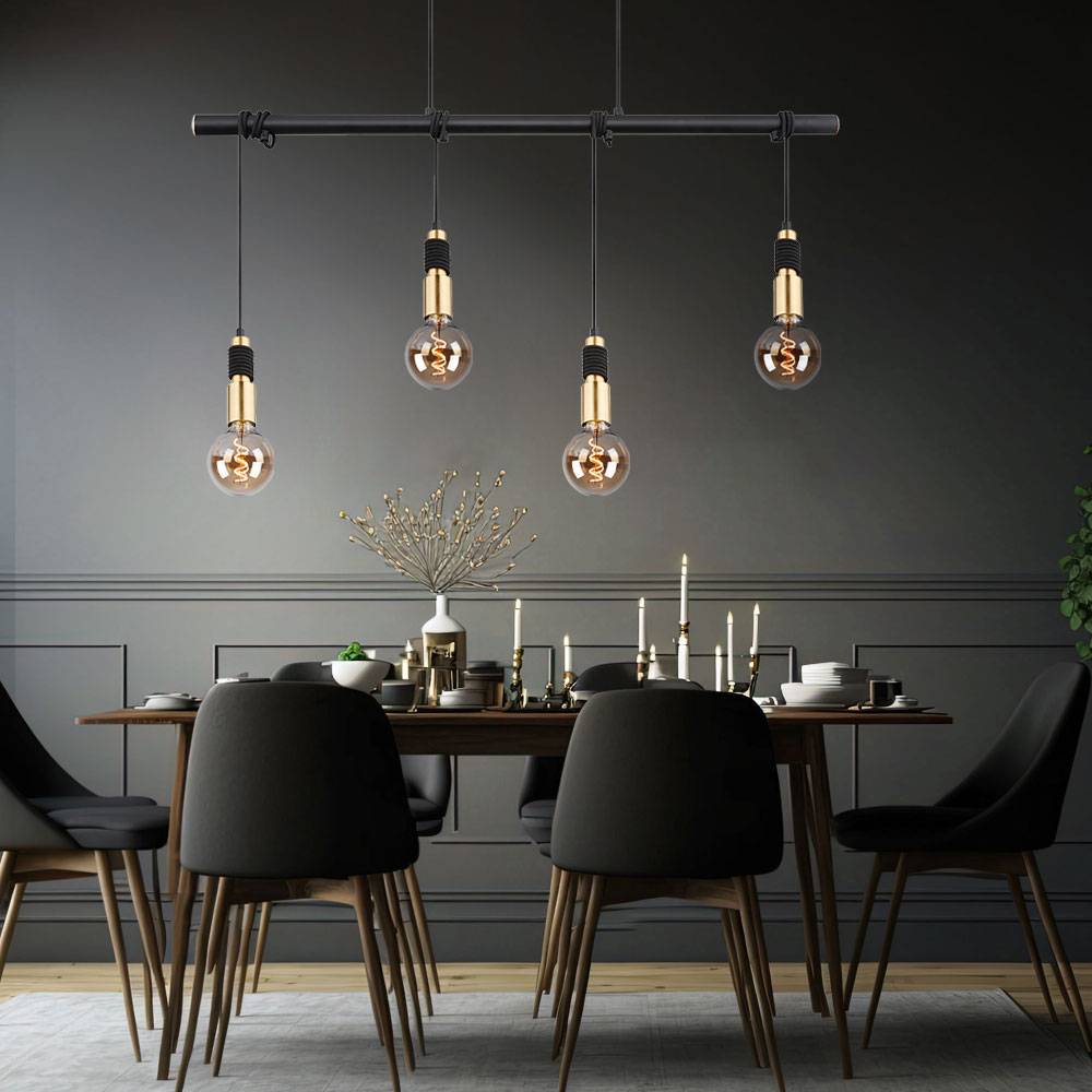 Esszimmerleuchte hängend Hängelampe messing schwarz Pendelleuchte 4 Flammig, Höhenverstellbar durch aufwickeln, 4x E27 Fassungen, LxBxH 100x6x120