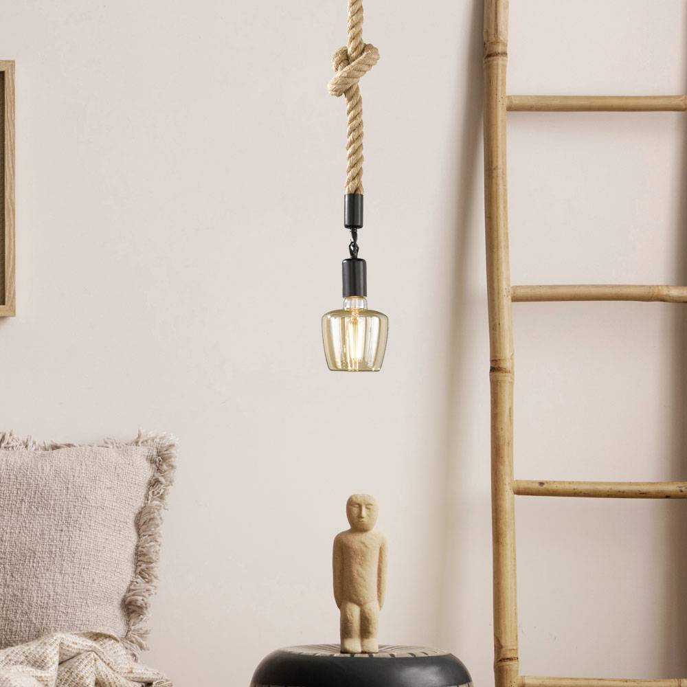 Pendellampe schwarz Wohnzimmerleuchte Maritim Esstisch Hängelampe, Hanfseil Modern, Metall matt rund, 1x E27 Fassung, DxH 12x127 cm
