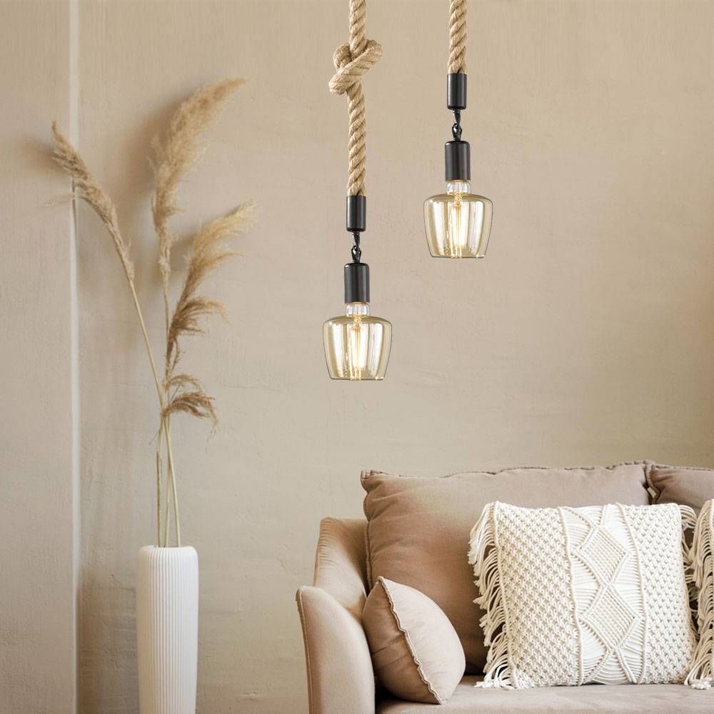 Pendellampe schwarz Wohnzimmerleuchte Maritim Esstisch Hängelampe, Hanfseil Modern, Metall matt rund, 1x E27 Fassung, DxH 12x127 cm