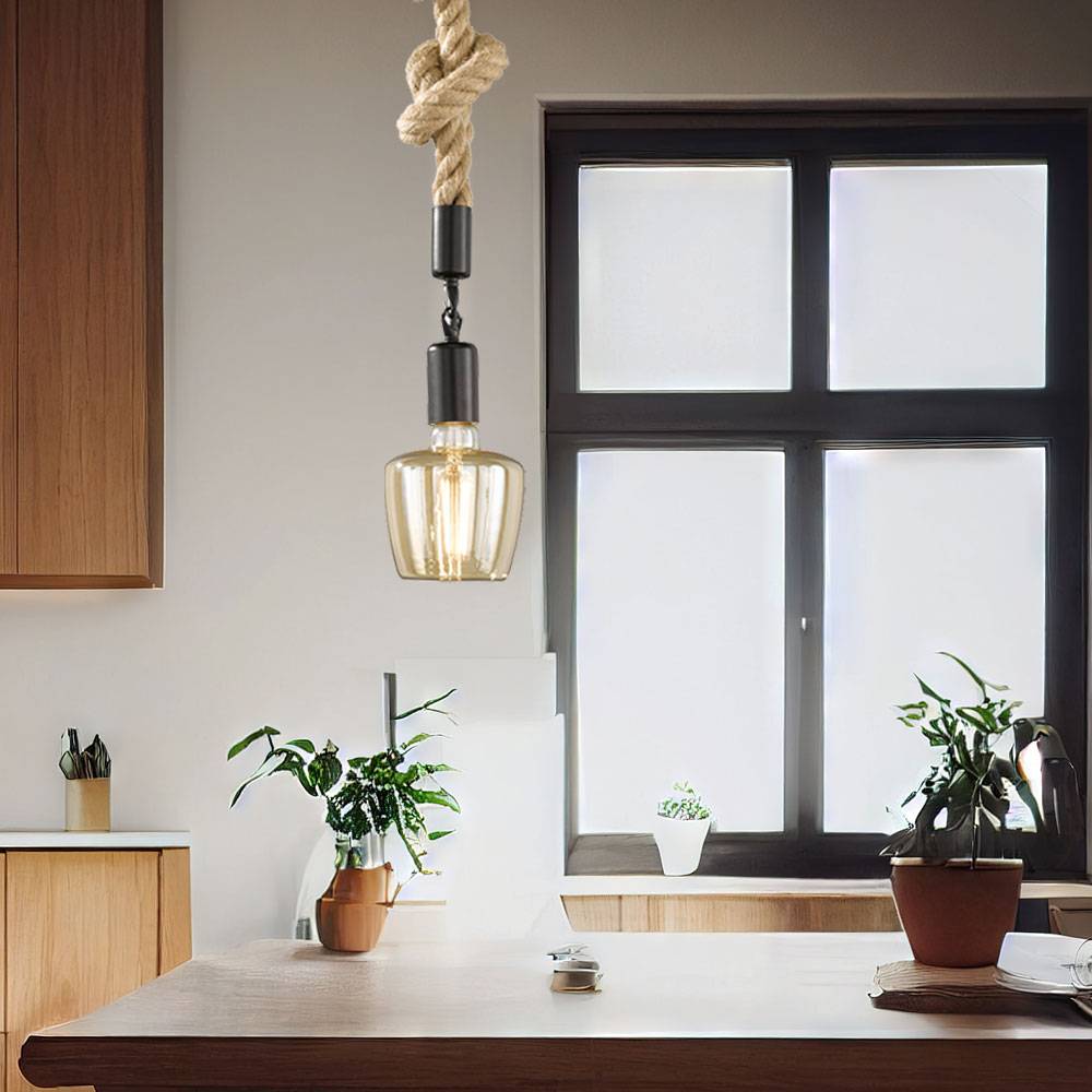 Pendellampe schwarz Wohnzimmerleuchte Maritim Esstisch Hängelampe, Hanfseil Modern, Metall matt rund, 1x E27 Fassung, DxH 12x127 cm