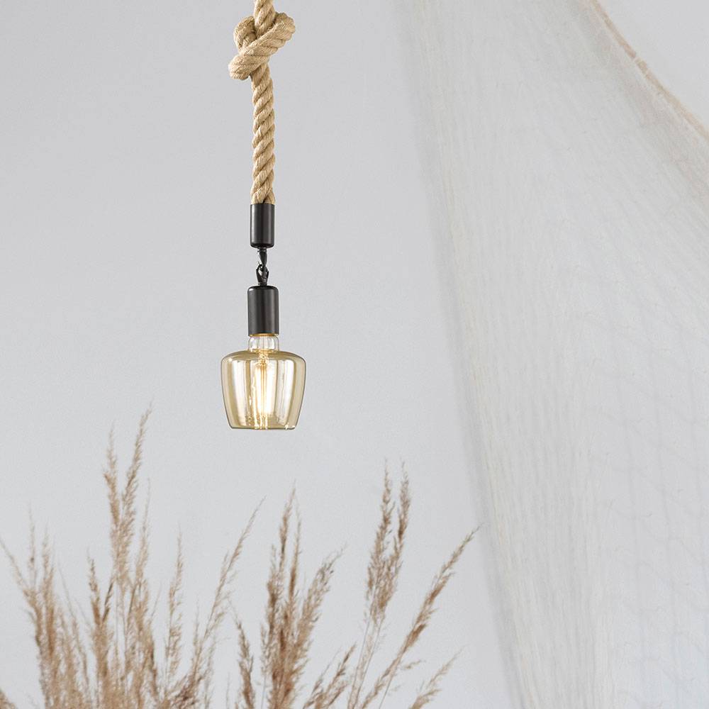 Pendellampe schwarz Wohnzimmerleuchte Maritim Esstisch Hängelampe, Hanfseil Modern, Metall matt rund, 1x E27 Fassung, DxH 12x127 cm