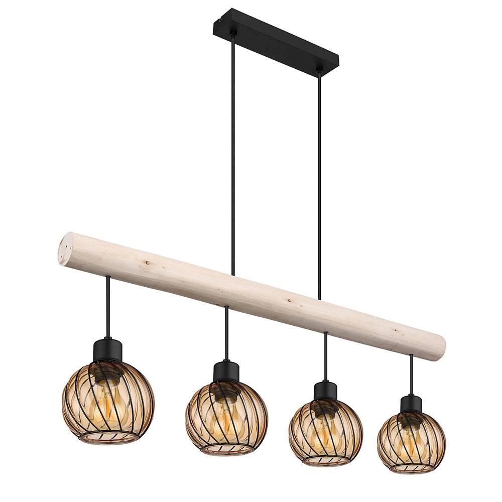 Pendelleuchte Holzlampe Hängelampe Glas Höhenverstellbar Wohnzimmer 4 flammig Holzbalken, Metall Schwarz amber, 4x E27 Fassungen, LxBxH 82x13x120 cm