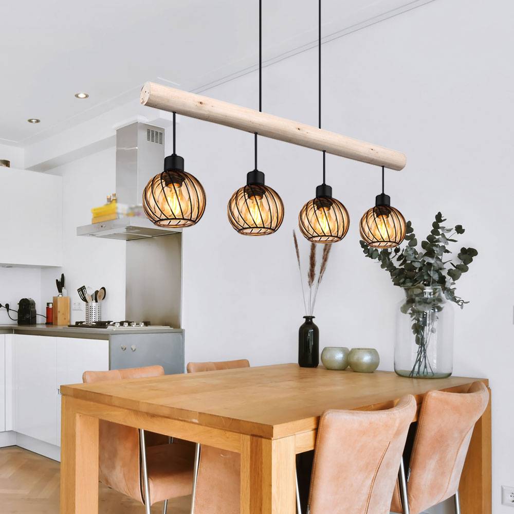 Pendelleuchte Holzlampe Hängelampe Glas Höhenverstellbar Wohnzimmer 4 flammig Holzbalken, Metall Schwarz amber, 4x E27 Fassungen, LxBxH 82x13x120 cm