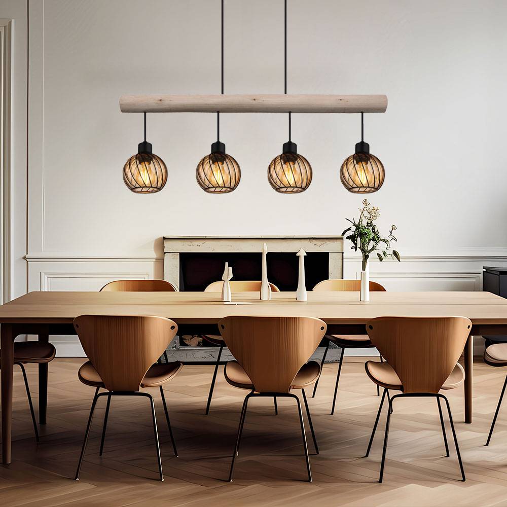Pendelleuchte Holzlampe Hängelampe Glas Höhenverstellbar Wohnzimmer 4 flammig Holzbalken, Metall Schwarz amber, 4x E27 Fassungen, LxBxH 82x13x120 cm