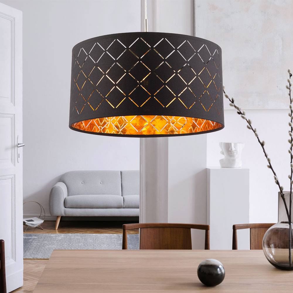 Hängelampe dimmbar mit Fernbedienung Esstischleuchte Pendellampe modern LED Wohnzimmerleuchte, RGB Farbwechsel Textil Schirm rund, Metall gold, 1x