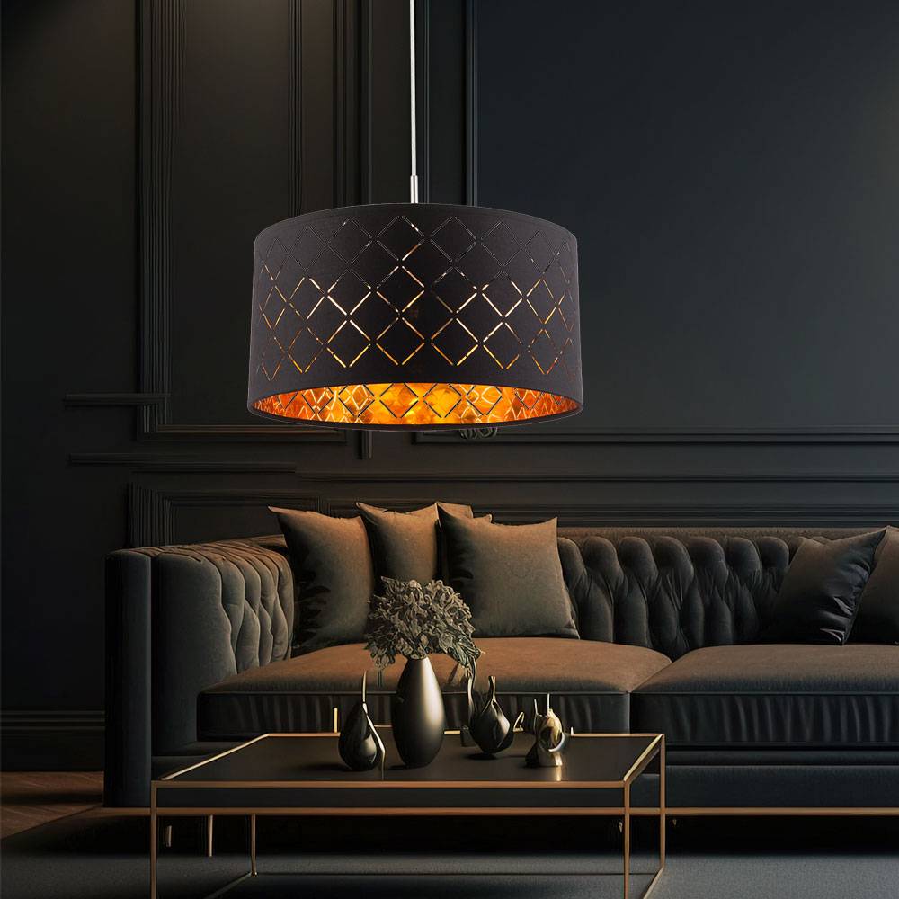 Hängelampe dimmbar mit Fernbedienung Esstischleuchte Pendellampe modern LED Wohnzimmerleuchte, RGB Farbwechsel Textil Schirm rund, Metall gold, 1x