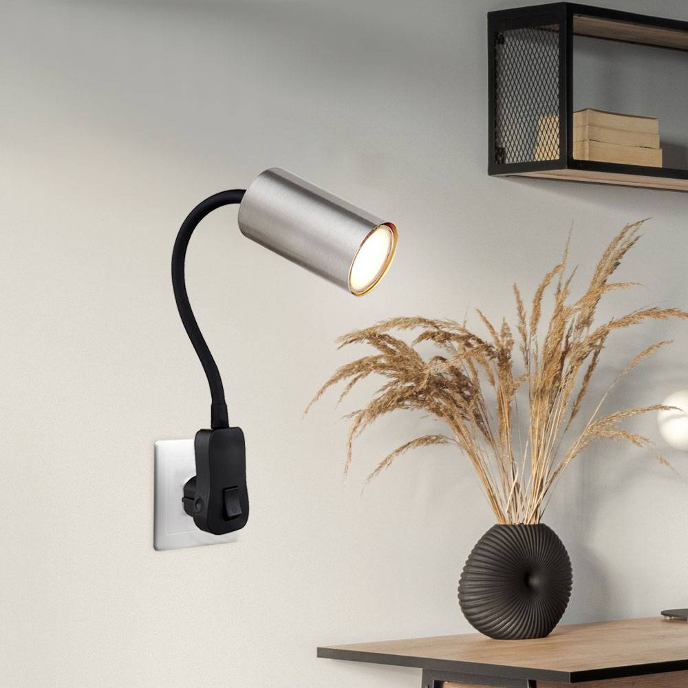 Steckerleuchte GU10 Steckdosenlampe mit Schalter Küche Steckdosenleuchte schwarz mit schwenkbarem Spot, nickel, Schwanenhals, GU10 Fassung, LxBxH