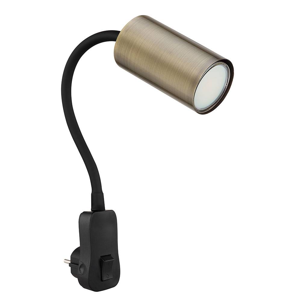 Steckerleuchte GU10 Steckdosenlampe mit Schalter Küche Steckdosenleuchte schwarz mit schwenkbarem Spot, altmessing, Schwanenhals, GU10 Fassung