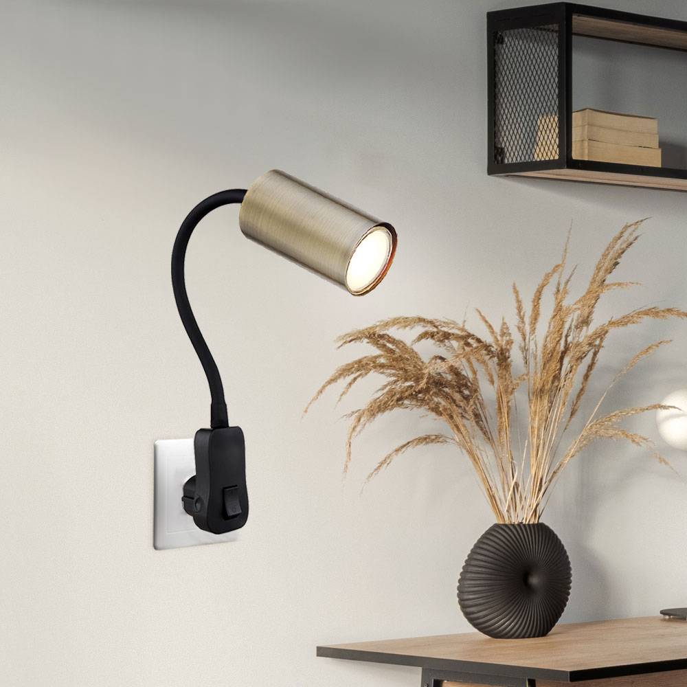 Steckerleuchte GU10 Steckdosenlampe mit Schalter Küche Steckdosenleuchte schwarz mit schwenkbarem Spot, altmessing, Schwanenhals, GU10 Fassung