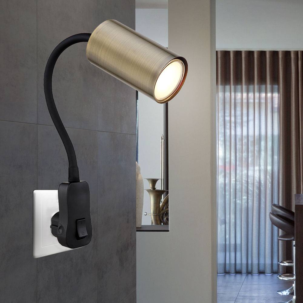 Steckerleuchte GU10 Steckdosenlampe mit Schalter Küche Steckdosenleuchte schwarz mit schwenkbarem Spot, altmessing, Schwanenhals, GU10 Fassung