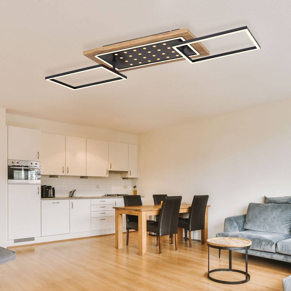 LED Deckenlampe schwarz Esszimmerleuchte Wohnzimmerlampe Holz Optik, LED Rahmen schwenkbar 3 Stufen Beleuchtung, Metall, 48W 2100lm 3000K, L 96cm
