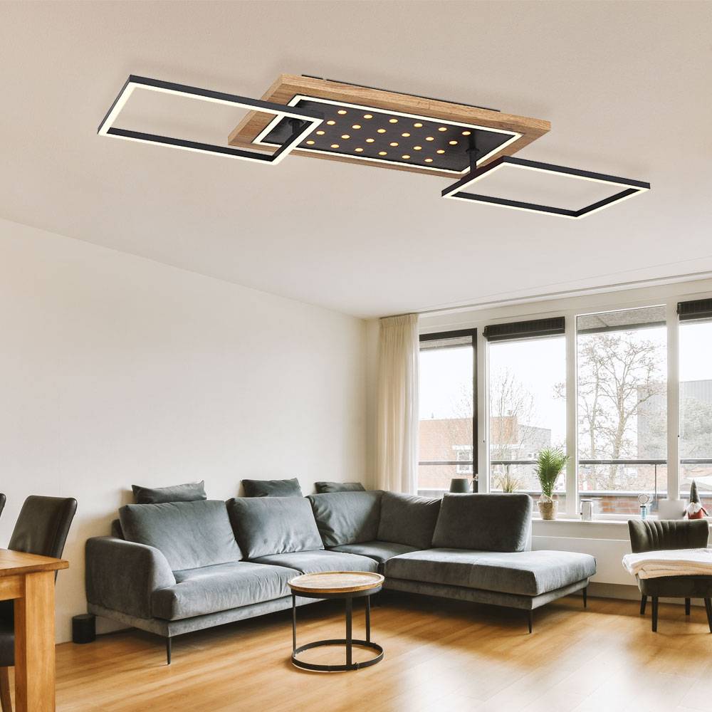 LED Deckenleuchte Deckenlampe schwarz Wohnzimmerlampe Holzoptik, Rahmen schwenkbar 3 Stufen Beleuchtung, Metall,48W 2100lm 3000K warmweiß, L 96 cm