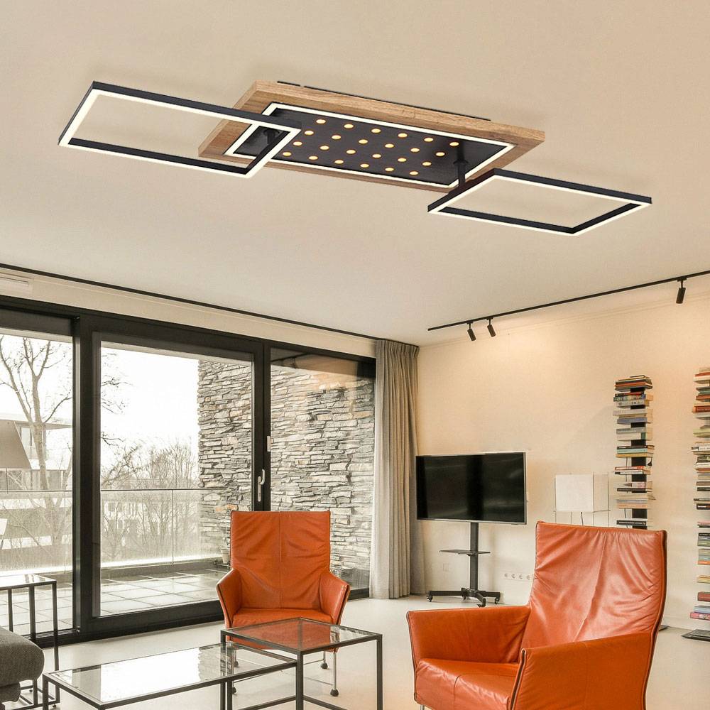 LED Deckenleuchte Deckenlampe schwarz Wohnzimmerlampe Holzoptik, Rahmen schwenkbar 3 Stufen Beleuchtung, Metall,48W 2100lm 3000K warmweiß, L 96 cm