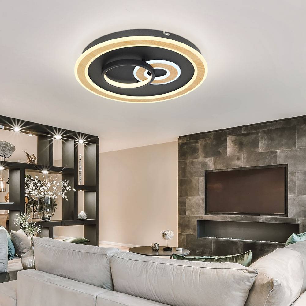 Deckenlampe schwarz Wohnzimmerlampe modern Deckenleuchte dimmbar, LED Smartlight Fernbedienung CCT Holzoptik, LED 50W 2200lm 2700-6500K, DxH 50x7 cm