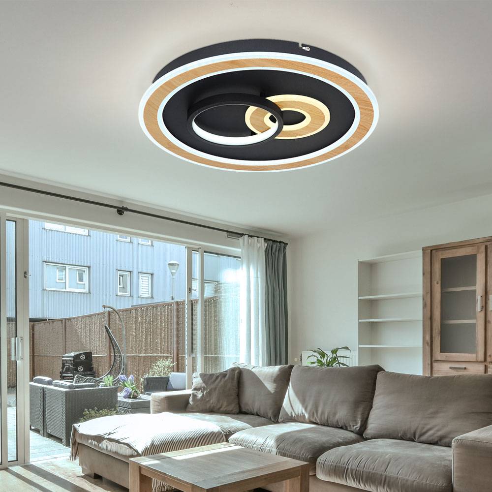 Deckenlampe schwarz Wohnzimmerlampe modern Deckenleuchte dimmbar, LED Smartlight Fernbedienung CCT Holzoptik, LED 50W 2200lm 2700-6500K, DxH 50x7 cm