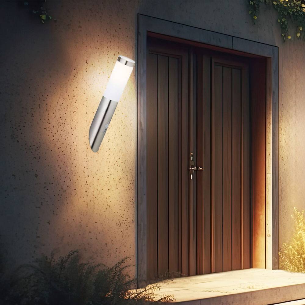 Wandleuchte Edelstahl Wandfackel Außen Hauswandleuchte Bewegungsmelder, Wetterfest IP44, Sensor, Edelstahl silber opal, 1x E27 Fassung, DxH 7,6x40cm