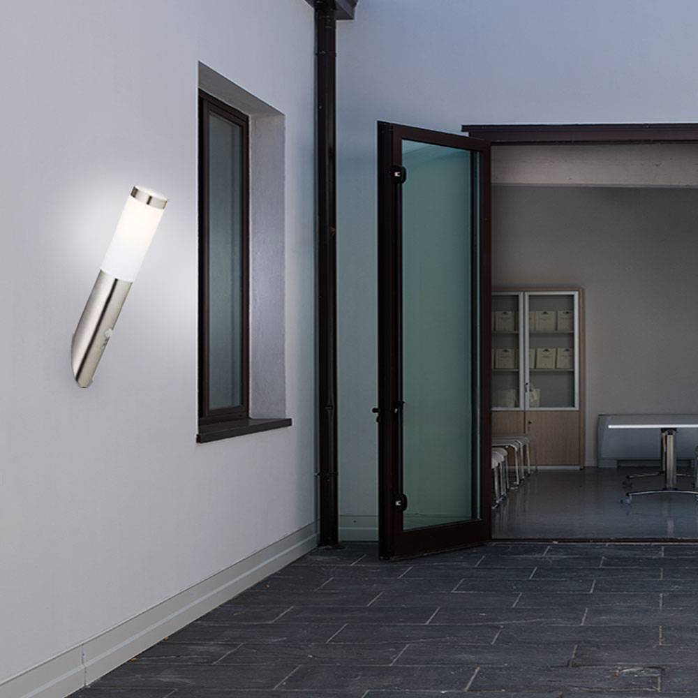 Wandleuchte Edelstahl Wandfackel Außen Hauswandleuchte Bewegungsmelder, Wetterfest IP44, Sensor, Edelstahl silber opal, 1x E27 Fassung, DxH 7,6x40cm