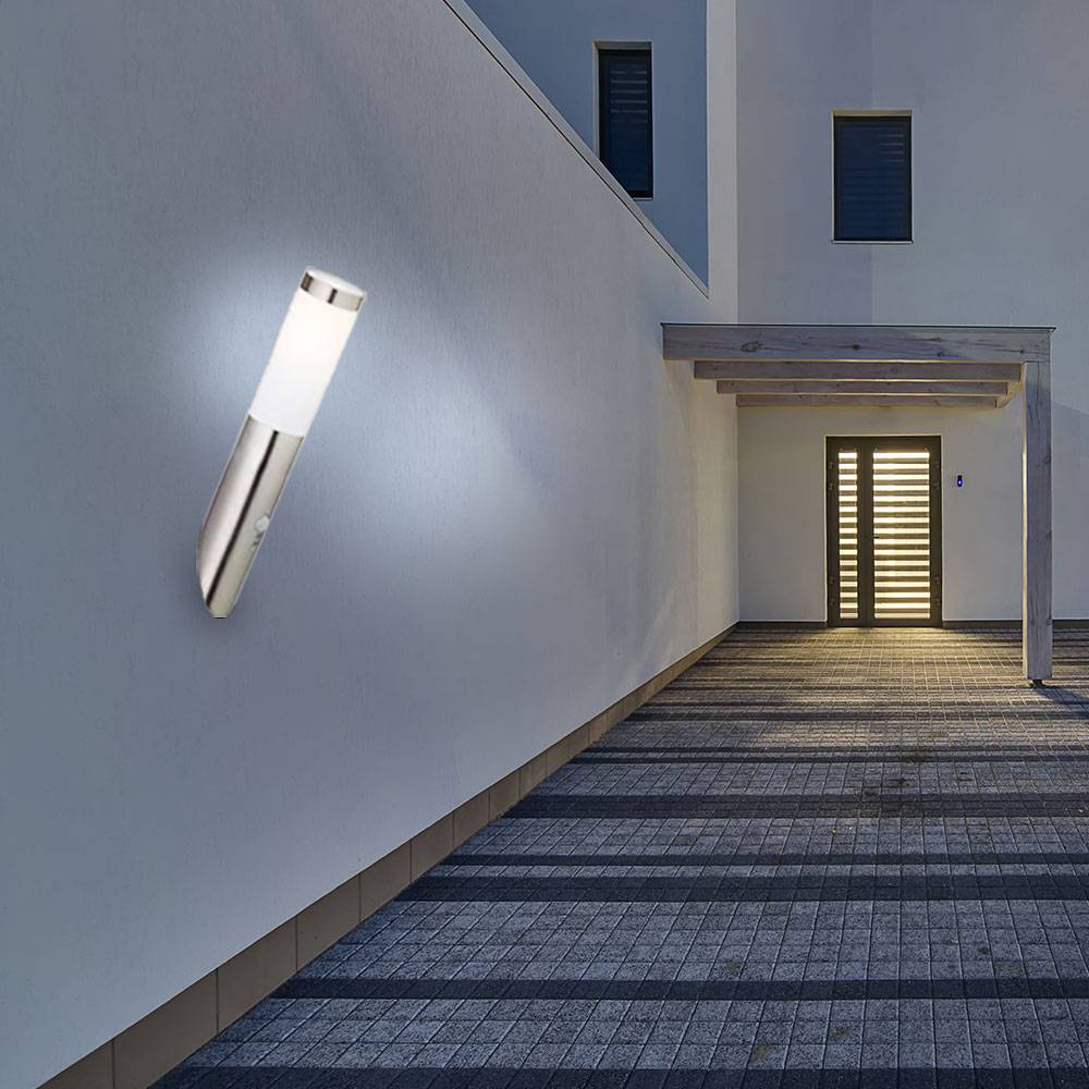 Wandleuchte Edelstahl Wandfackel Außen Hauswandleuchte Bewegungsmelder, Wetterfest IP44, Sensor, Edelstahl silber opal, 1x E27 Fassung, DxH 7,6x40cm