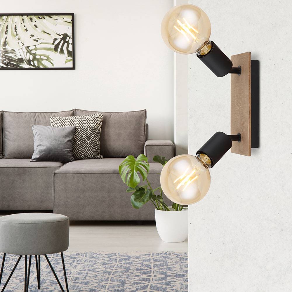 Deckenleuchte Lampe Spot Holzlampe 2 Flammig Deckenstrahler Deckenlampe Strahler schwenkbar, schwarz braun, E27 Fassungen, LxBxH 21x9x11 cm