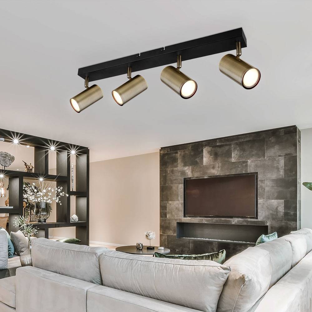 Deckenleuchte Deckenlampe 4 flammig beweglich Spotleuchte schwarz mit verstellbaren Spots, Metall altmessing, 4x GU10 Fassungen, LxBxH 56x6x12 cm