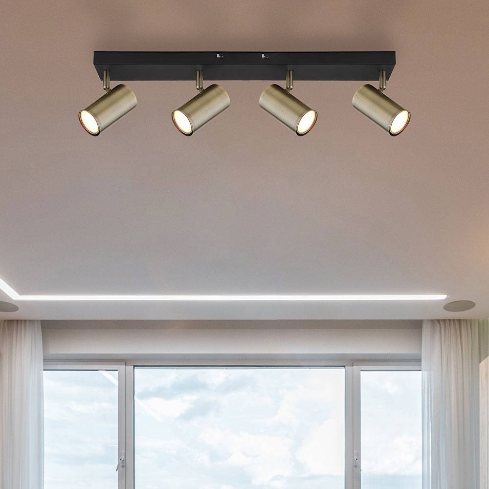 Deckenleuchte Deckenlampe 4 flammig beweglich Spotleuchte schwarz mit verstellbaren Spots, Metall altmessing, 4x GU10 Fassungen, LxBxH 56x6x12 cm