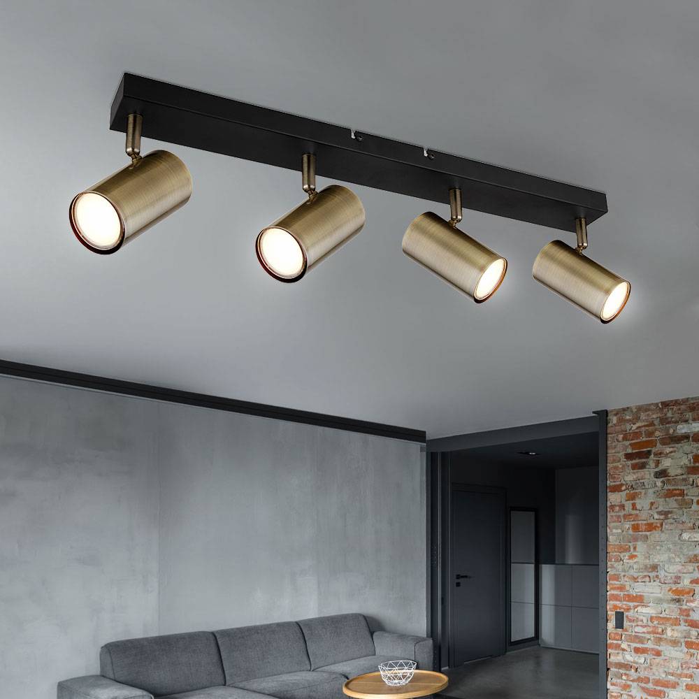 Deckenleuchte Deckenlampe 4 flammig beweglich Spotleuchte schwarz mit verstellbaren Spots, Metall altmessing, 4x GU10 Fassungen, LxBxH 56x6x12 cm