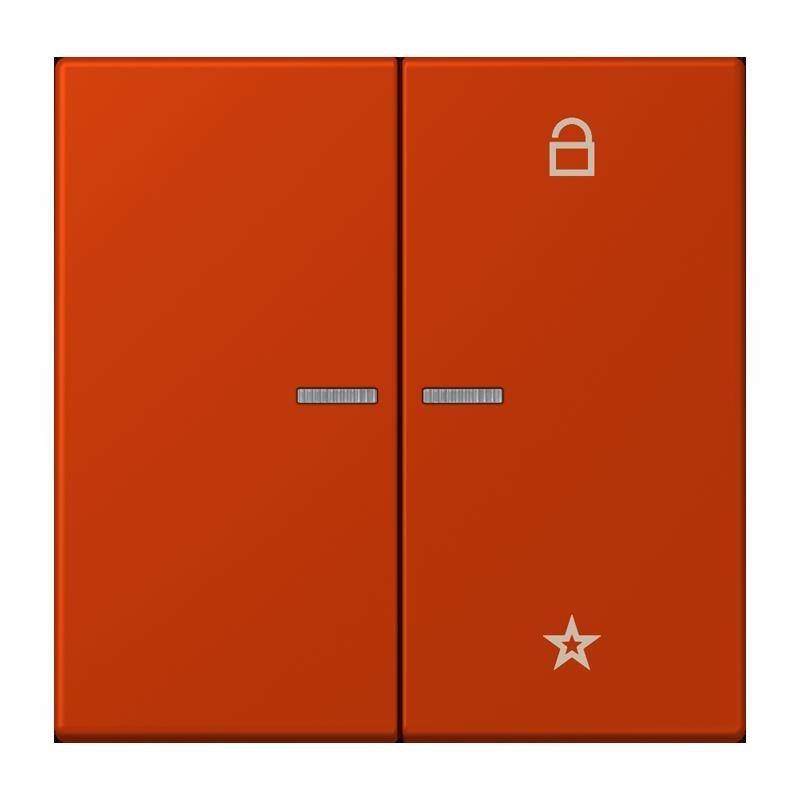 Ein orangefarbener Doppeltürschrank, linke Tür mit einem Vorhängeschloss-Symbol, rechte Tür mit einem Sternsymbol, was einen sicheren Aufbewahrungsort kennzeichnet.