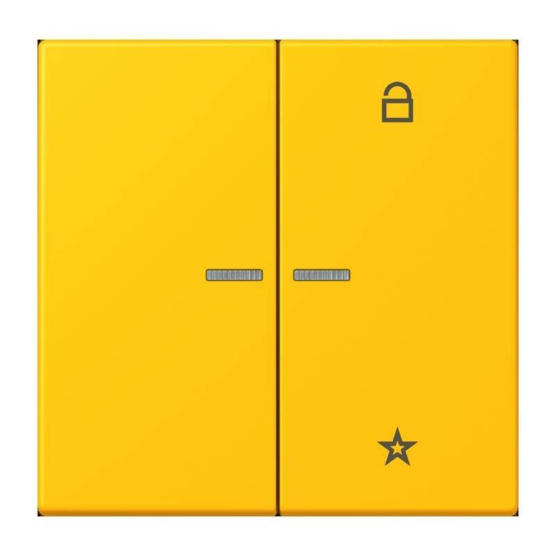 Zwei gelbe Schalter: links mit einem kleinen Linien-Symbol, rechts mit einem Schloss-Symbol. Beide haben eine kleine strukturierte Fläche und ein Sternsymbol darunter.