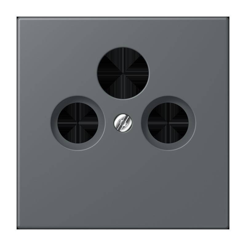 Eine graue Wandsteckdose mit drei runden Öffnungen und einer zentralen Schraube, die für europäische Stecker verwendet wird.