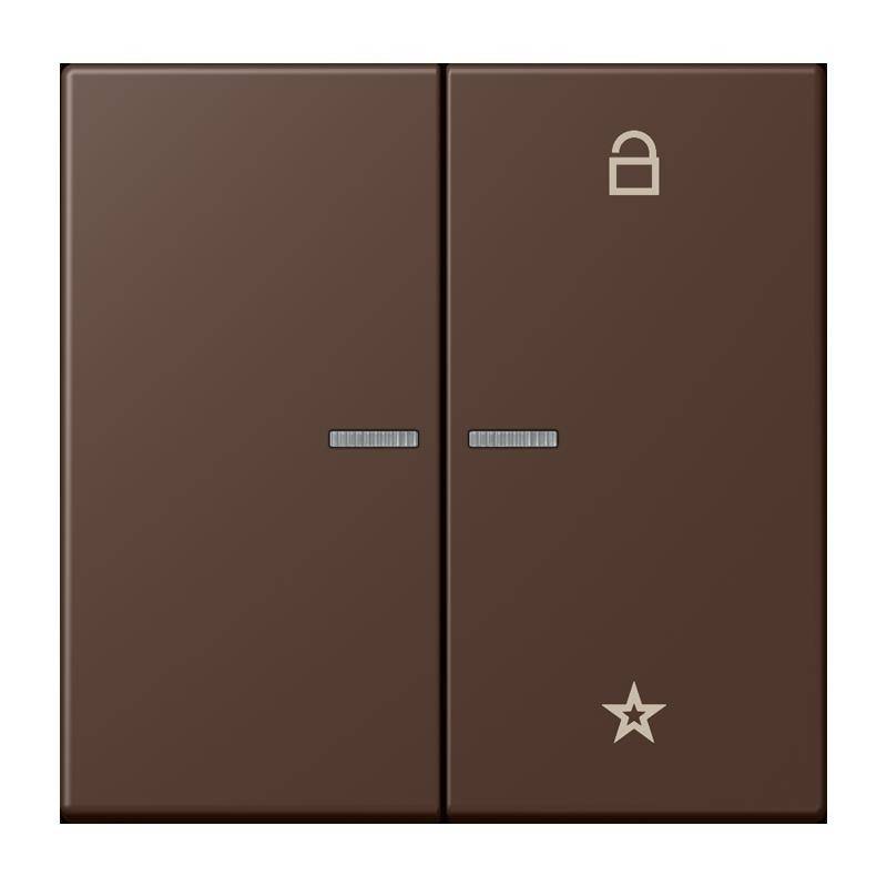 Ein braunes Doppelpanel mit einem Schlosssymbol rechts und einem Sternsymbol unten links.