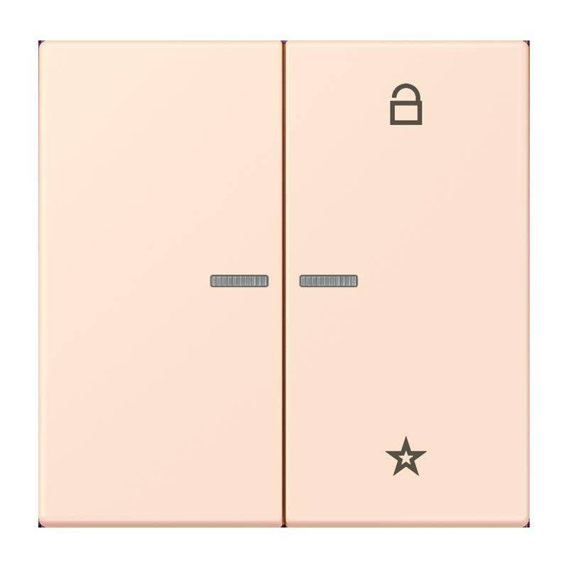 Ein beige Lichtschalter mit zwei vertikalen Schiebereglern. Die linke Seite zeigt ein Schloss-Symbol oberhalb des Schiebereglers, während die rechte Seite ein Stern-Symbol aufweist.