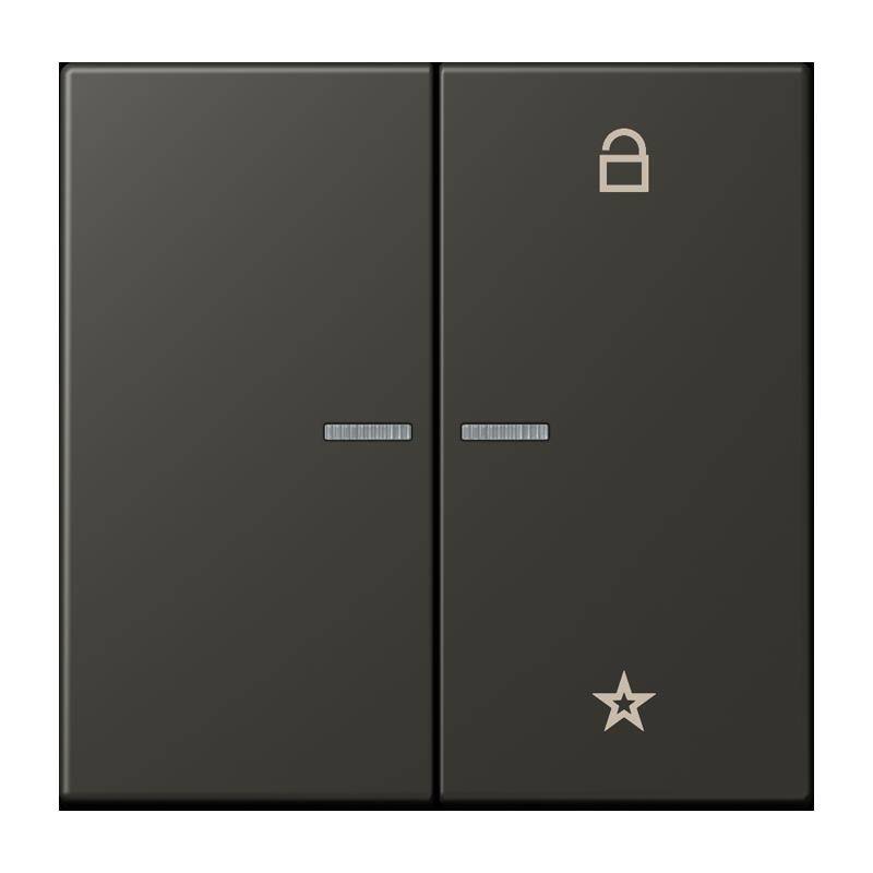 Zwei schwarze Schalter: linker Schalter mit Sternsymbol, rechter Schalter mit Vorhängeschlosssymbol, die eine Funktion oder einen Aktivierungsstatus anzeigen.