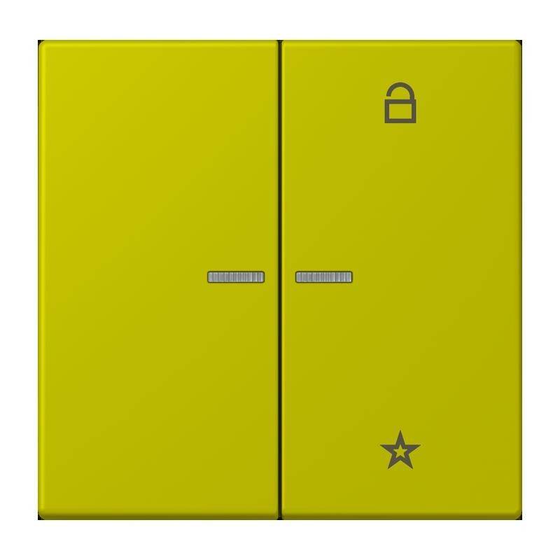 Ein gelber Wandschalter mit zwei Tasten, eine mit einem Schloss-Symbol, was auf eine Sicherheits- oder Sperrfunktion hinweist, und einem Stern-Symbol darunter.