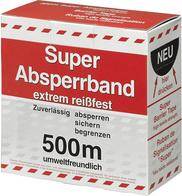 Das Bild zeigt die Verpackung für 'Super Absperrband', gekennzeichnet als extrem reißfest und umweltfreundlich, mit einer Länge von 500m.