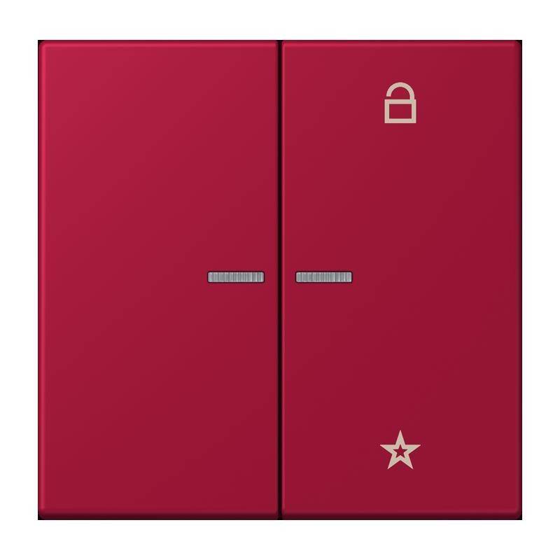 Ein roter Doppellichtschalter mit einem Schlosssymbol auf dem rechten Schalter und einem Sternsymbol in der unteren linken Ecke.